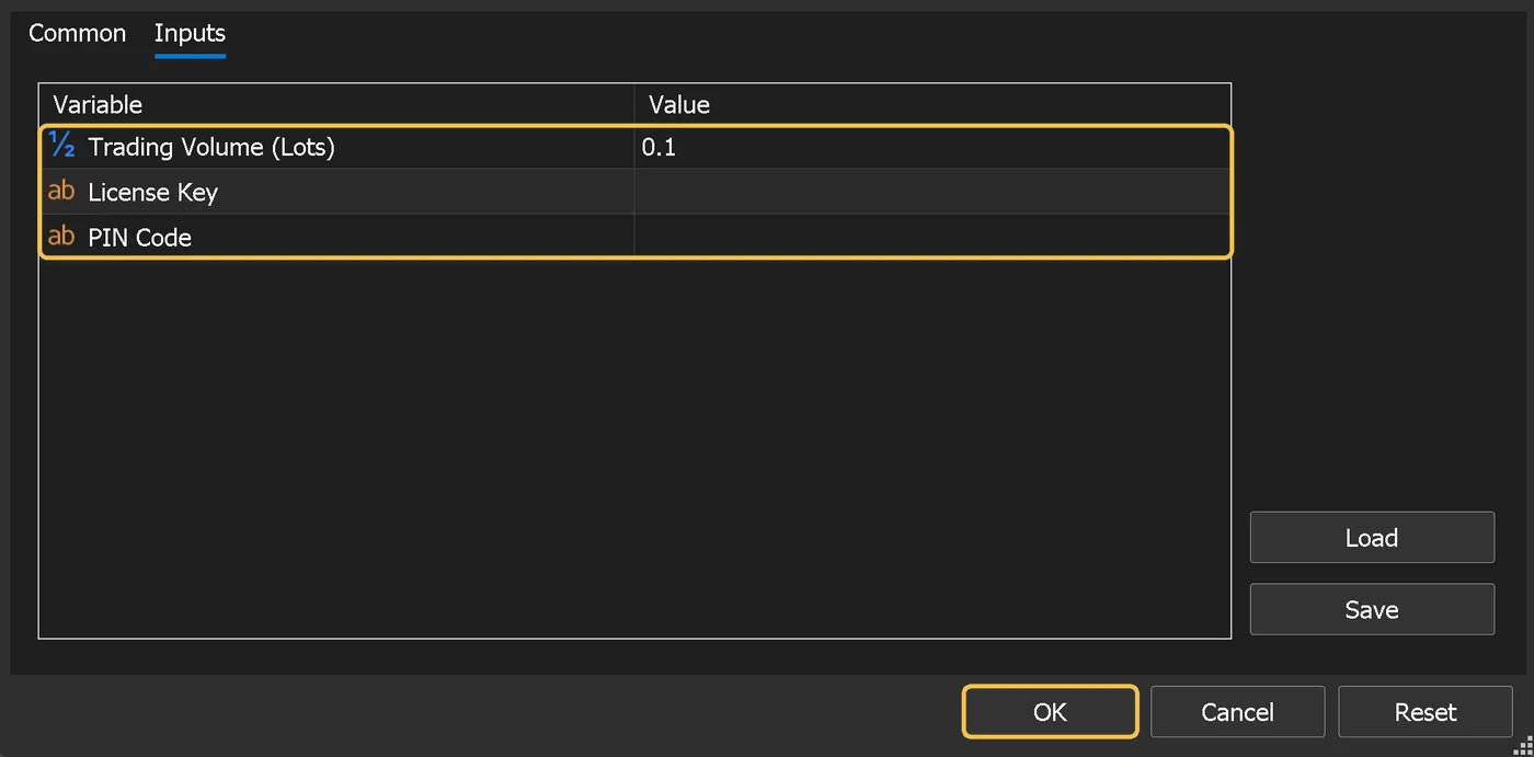 Die Registerkarte Inputs im Einstellungsfenster des Bots mit drei Feldern: Trading Volume, License Key und PIN Code.