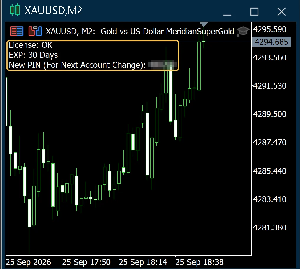 Ein Goldchart in MetaTrader 5 mit License: OK, EXP: 30 Days und der Zeile New PIN oben links. Die Ziffern der PIN sind verborgen.