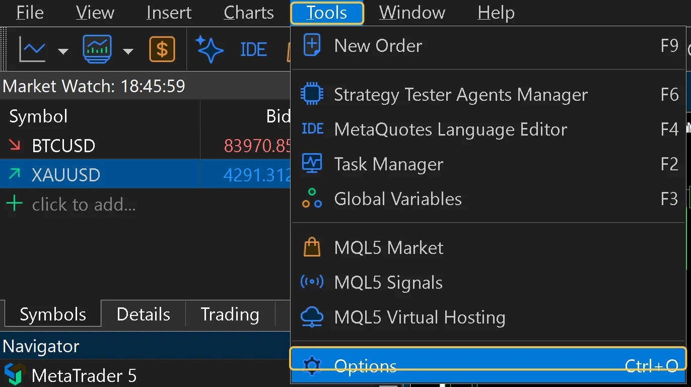 Das geöffnete Menü Tools in MetaTrader 5, mit hervorgehobenem Menü Tools und Eintrag Options.