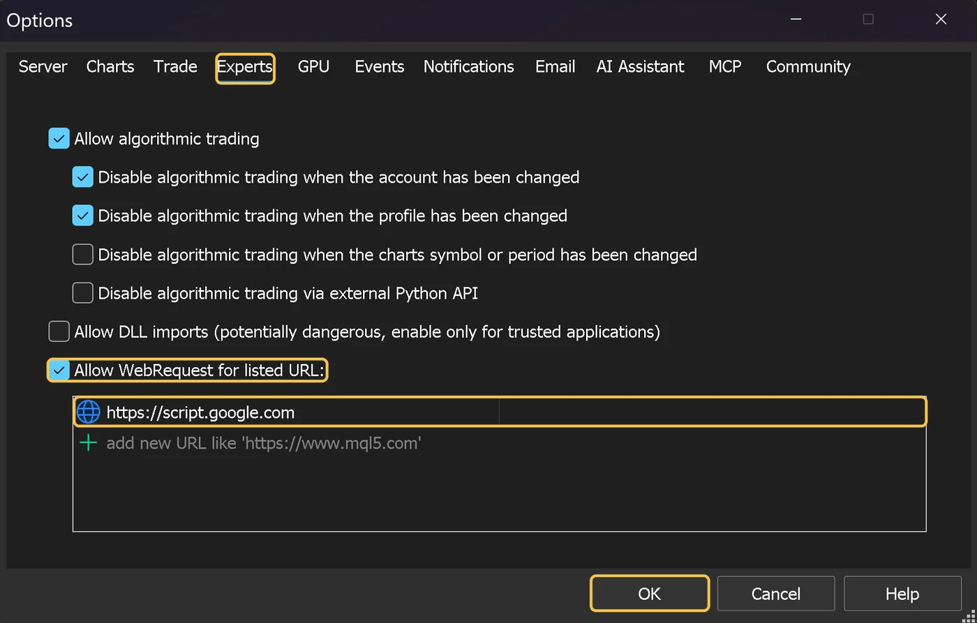 Das Fenster Options von MetaTrader 5 auf der Registerkarte Experts, mit aktiviertem Allow algorithmic trading und Allow WebRequest for listed URL, der Adresse des Lizenzservers in der Liste und hervorgehobener Schaltfläche OK.