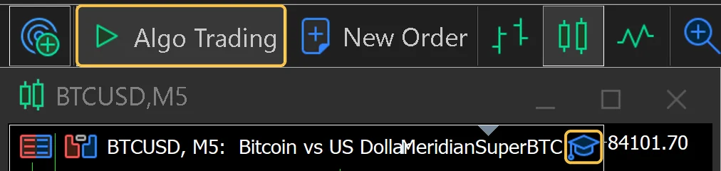 Die Symbolleiste von MetaTrader 5 mit eingeschalteter Schaltfläche Algo Trading und die obere rechte Ecke eines Charts mit einem blauen Doktorhut.